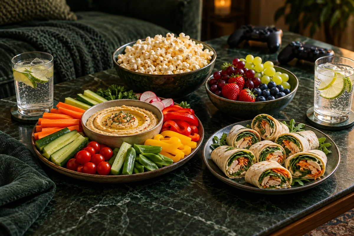 Gemüsesticks, Hummus, Wraps, Popcorn, Obst und Zitruswasser auf einem Tisch für einen Spieleabend